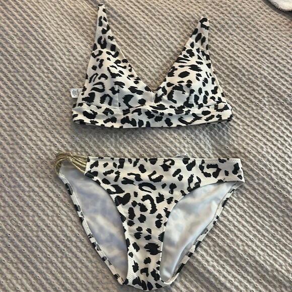Aerie Leopard Longline V Scoop Bikini Top and gold knot bottoms  size XS - Picture 1 of 4